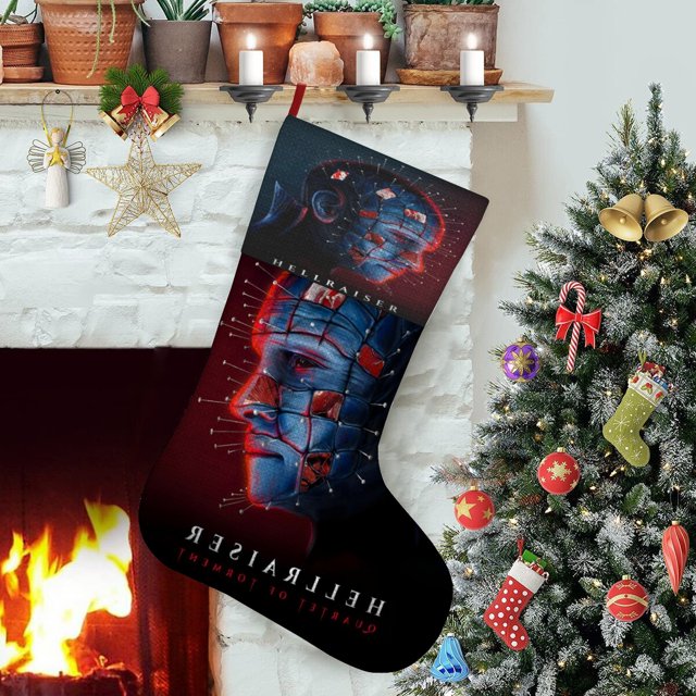 Hellraiser Pinhead Tema: Calcetines de Navidad, fino lino blanco para colgar en escaleras y chimenea, decoración navideña para el hogar, regalo de Navidad. 45cm × 32cm