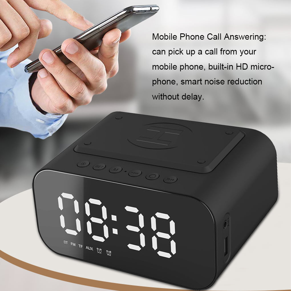 Mic Galaxy series TF Port Qi Wireless Charger for iPhone JE Make IT Simple Wireless Bluetooth V5.0 Speaker with Alarm Clock Stereo Sound FM Radio 
