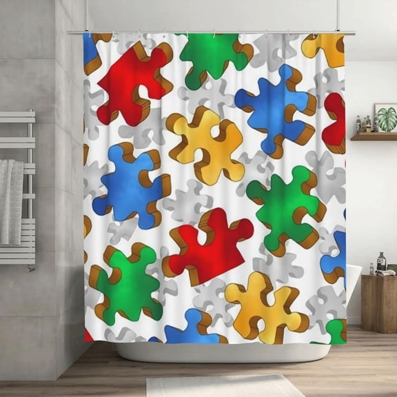 OLGCZM Shower Curtain for Bathroom Autism Puzzle Shower Curtains Polyester Fabric Bathroom Decor Curtain with Hooks 72 X72 Inches