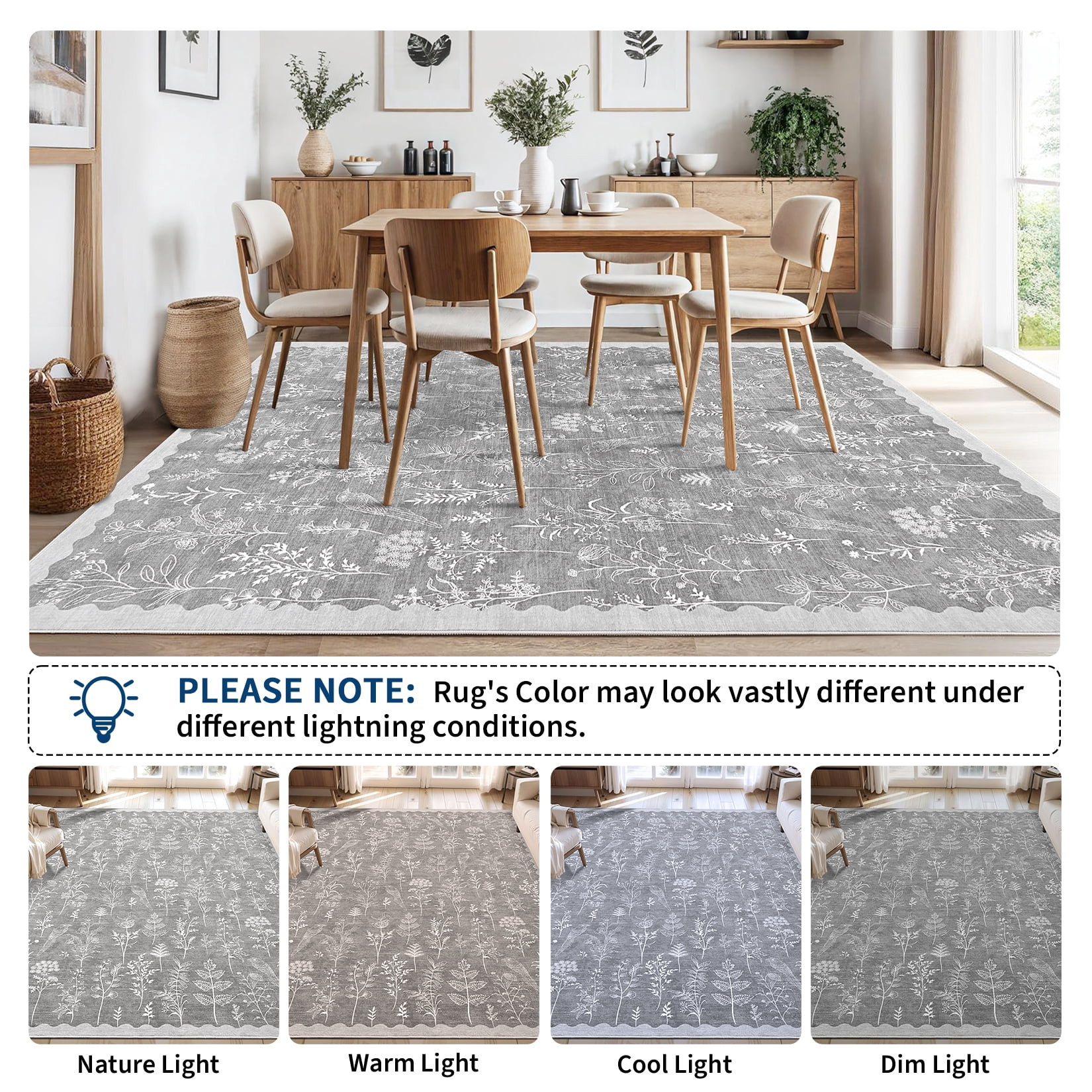 9x12 Under Bed Machine Washable Area Rugs, Modern Floral Print Floor Cover Carpet with Non Slip Backing Stain Resistant Farmhouse Rug for Nursery, Living Room, Office