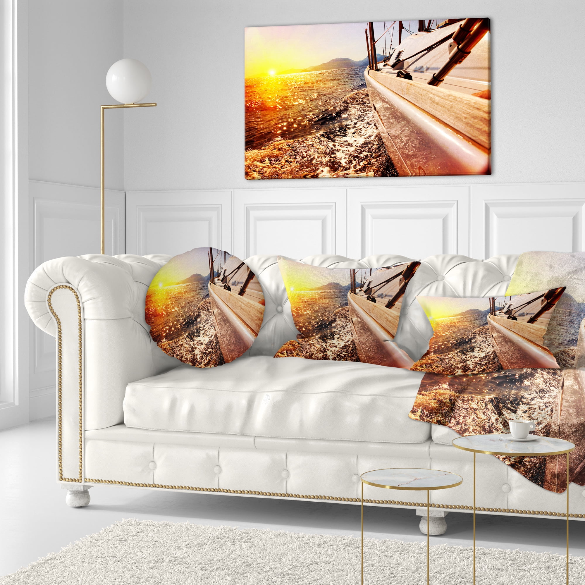 Designart Yacht Sailing against Sunset - Seashore Throw Pillow - 12x20