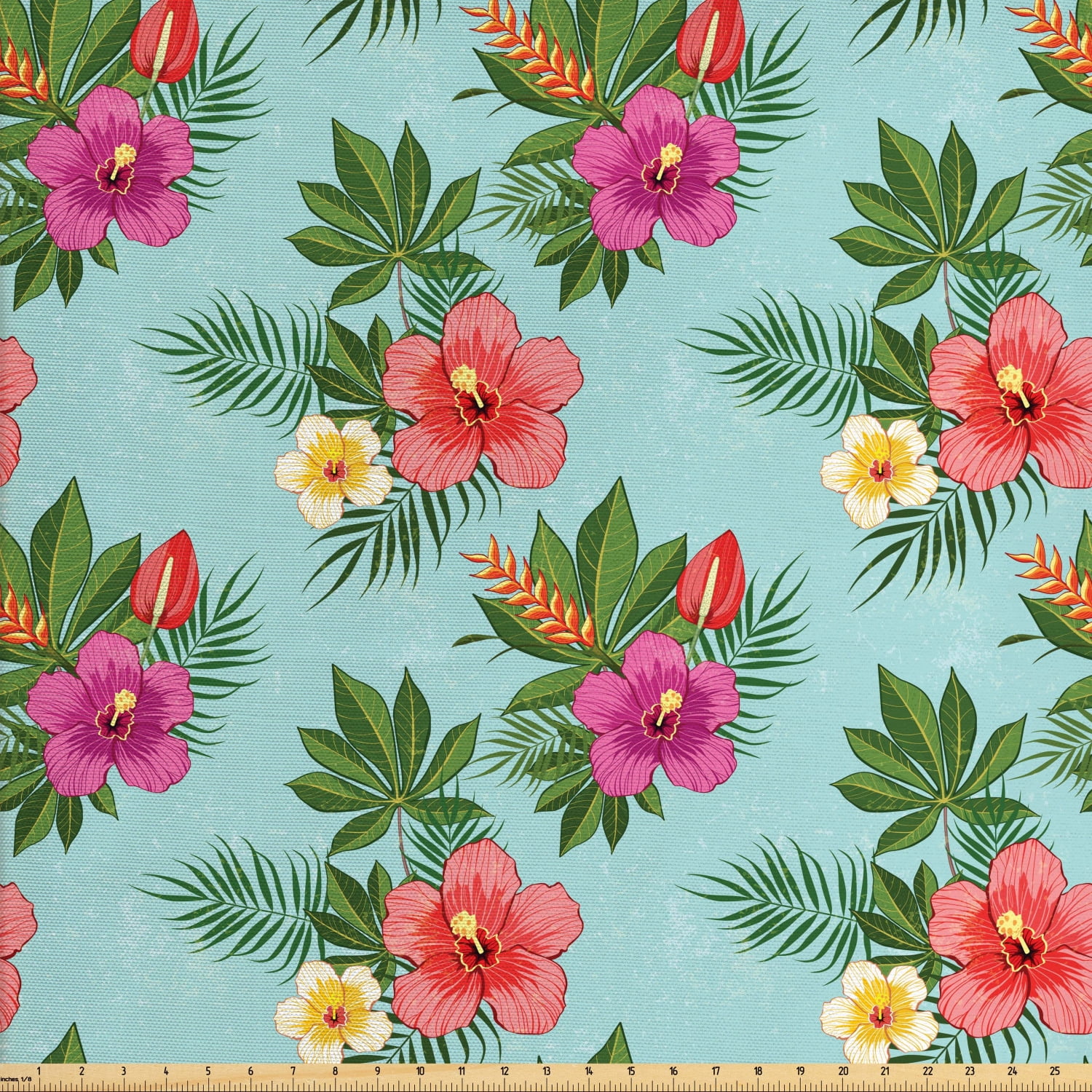 Hawaii Fabric by The Yard, Blossoming Hibiscus Flower with Fern Foliage