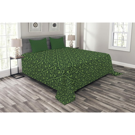 Ambesonne Irish Quilted Bedspread Set 3 Pcs, Intricate Clover Twigs, Queen Size, Black Lime Green