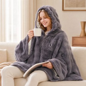 Plumora Plush Heated Wearable Blanket – Hooded USB Heated Blanket Portable Heated Blanket and Wearable Heated Blanket for Adults