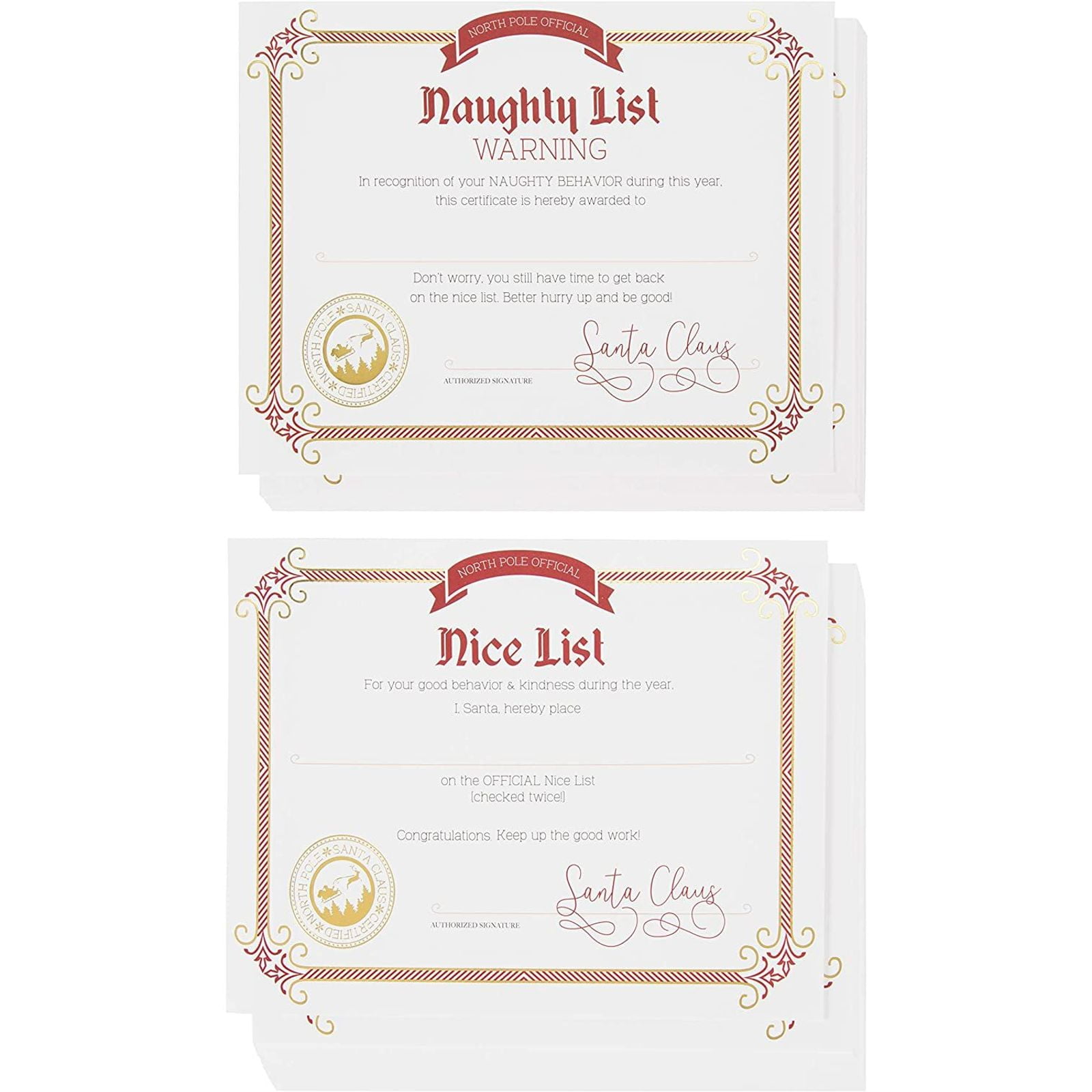 48 Pack Christmas Nice and Naughty List Certificates for Kids, Xmas Party Favors, Gold Foil Print Design, 36 Nice List 12 Naughty List, 11' x 8.5'