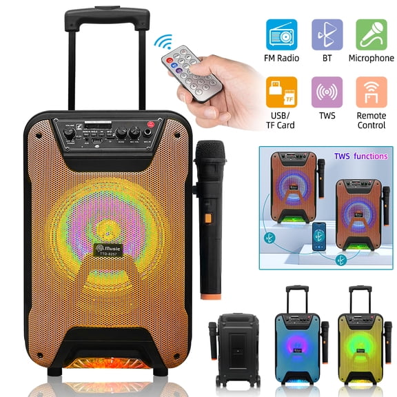 Vtin 8" Portable Trolley Bluetooth Speaker Small PA System Stereo Heavy Bass Sound Karaoke Machine Microphone Speaker with Subwoofer Mic, Orange