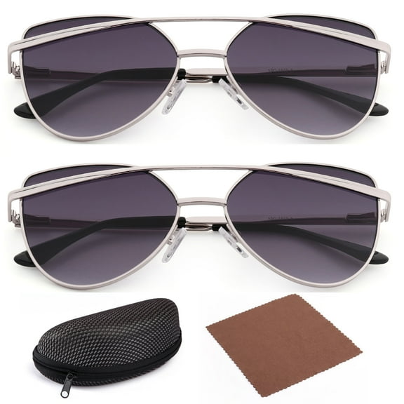 2 Cateye Sunglasses for Adult Women Female with Case, Grey, 56mm