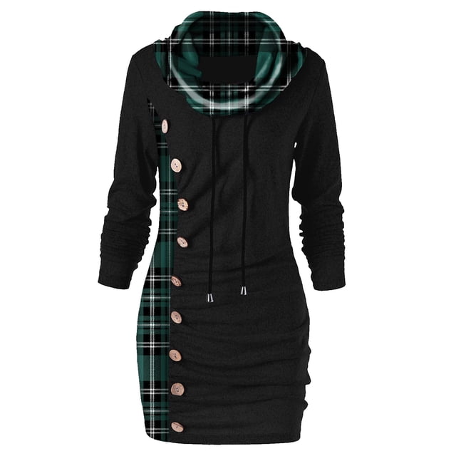 Dress For Women Plaid Button Collar Drawstring Stitching Tops Tunic Casual Long Sleeve Pullover Shirts