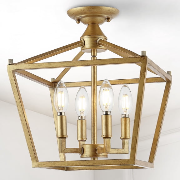 JONATHAN Y Plains Mini Lantern 12" 4-Light Iron Modern Farmhouse Pagoda LED Semi Flush Mount Lantern, Brass Gold, JYL7610B