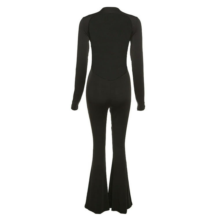 Black Jumpsuit for Women Long Sleeve Backless One Piece Bodycon Romper Flare Pants Bell Bottom Walmart