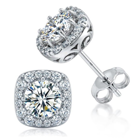 LeCalla 925 Sterling Silver Cushion Cut Halo CZ Stud Earrings | Square Cubic Zirconia Crystal Studs for Women | Hypoallergenic Birthstone Jewelry Gift 8MM