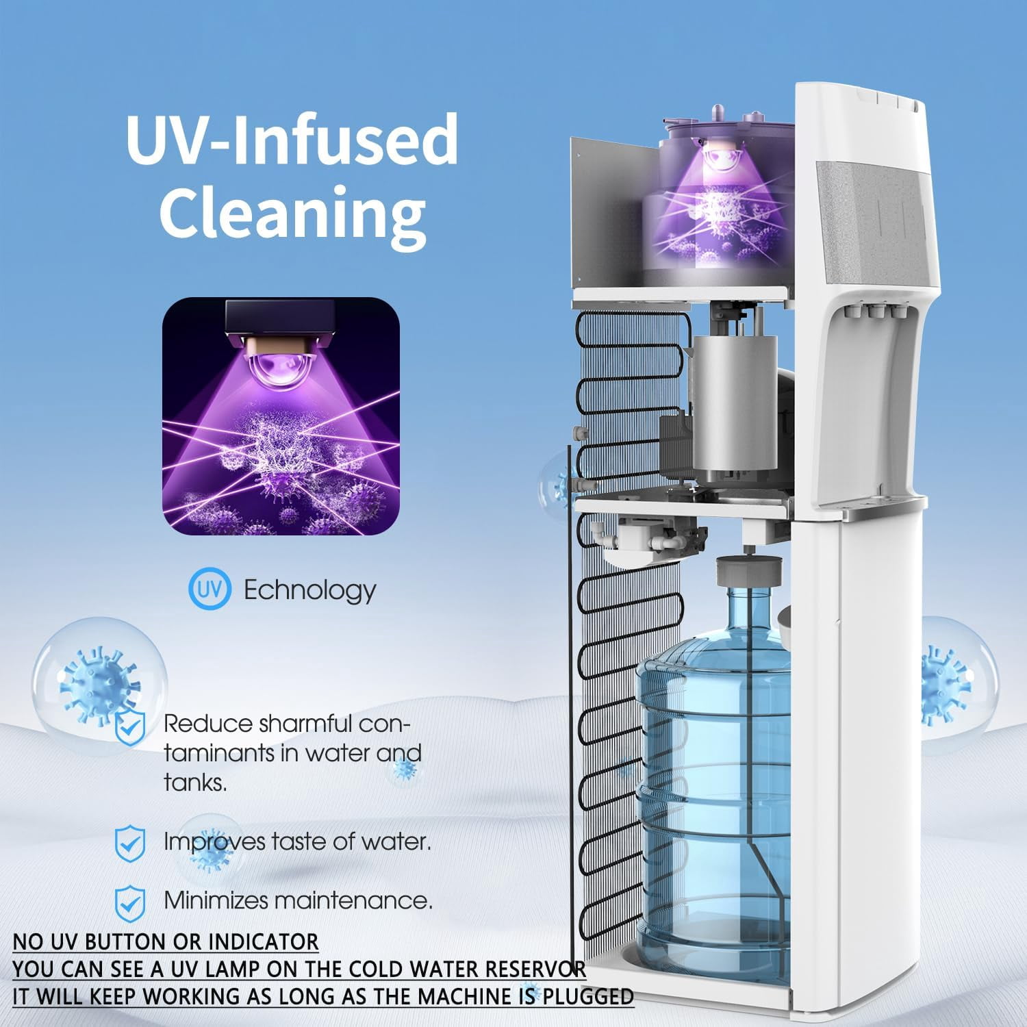 Self Cleaning Water Cooler Dispenser for 3-5 Gallon Bottles Bottom Load,Hot Cold and Room, Child Safety Lock, Empty Bottle Alert, White