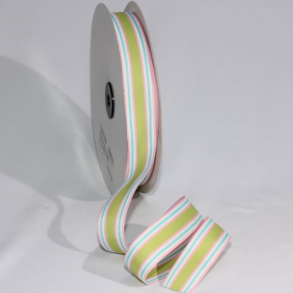 The Ribbon People Pink, Green and White Striped Grosgrain Woven Craft Ribbon 1" x 55 Yards