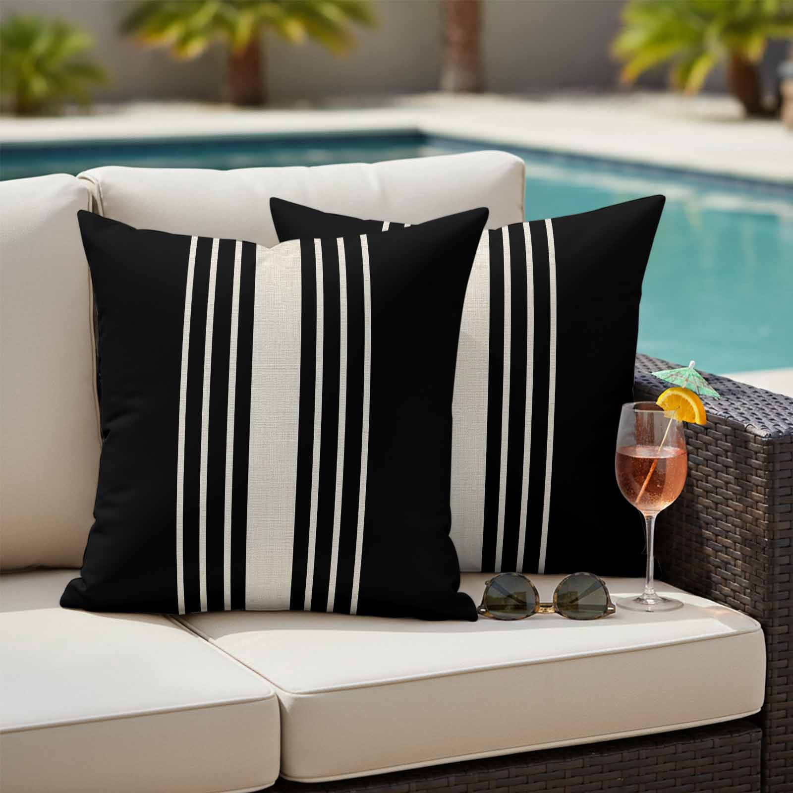 Black Beige Striped Outdoor Pillow Covers, Waterproof Decorative Throw Pillowcases Set of 2, Modern Farmhouse Retro Lines Couch Cushion Cases with Zipper for Outside Patio Garden Sofa 16"x16"