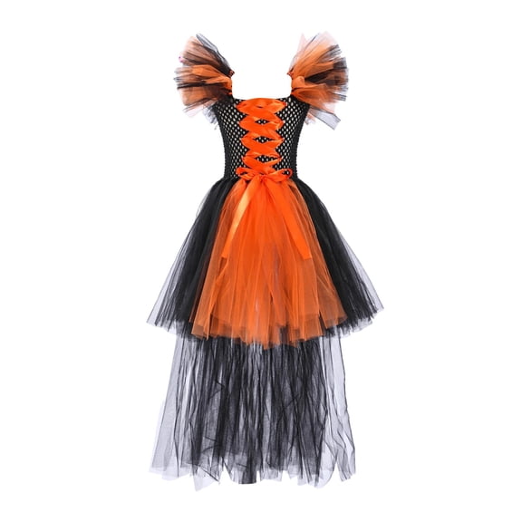 MGDXOX Girls Off Shoulder Tulle Costume Dress with Corset Lace Up Detail and Layered Skirt for Halloween Orange 130