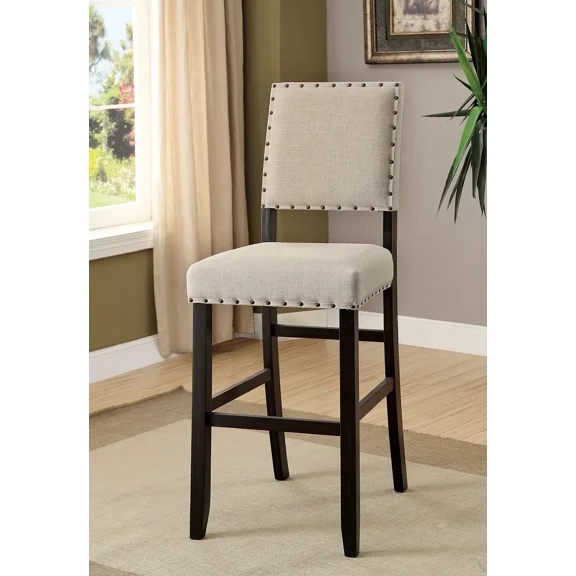 Ivory Fabric Dining Bar Chairs Set of 6, Antique Black Finish Wood Upholstered Back Nailhead Trim Modern
