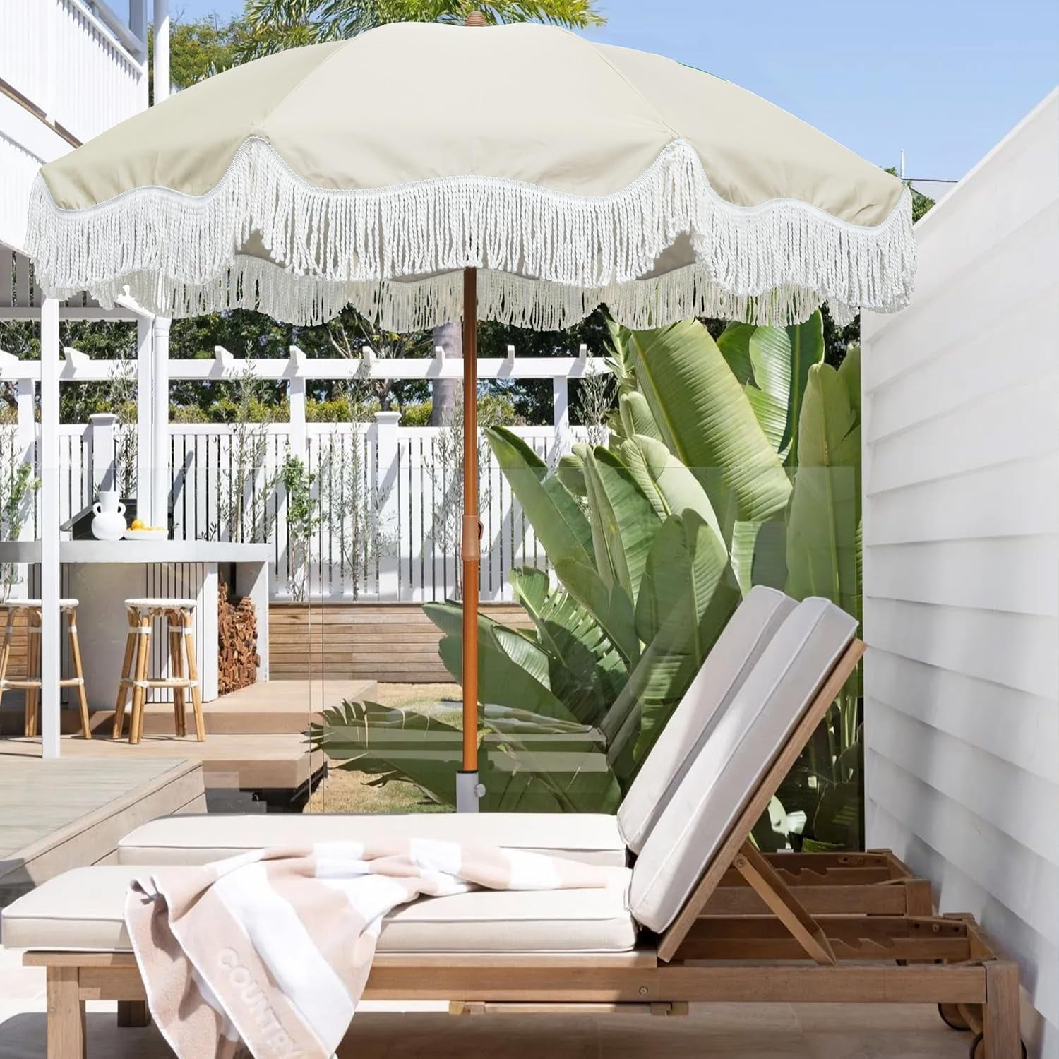 6.5ft Boho Outdoor Umbrella with Fringe, UPF 50+ Picnic Umbrella with Tassels, Premium Steel Pole and Push Button Tilt, Light Beige