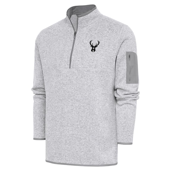 Men's Antigua Heather Gray Milwaukee Bucks Metallic Logo Fortune Quarter-Zip Jacket