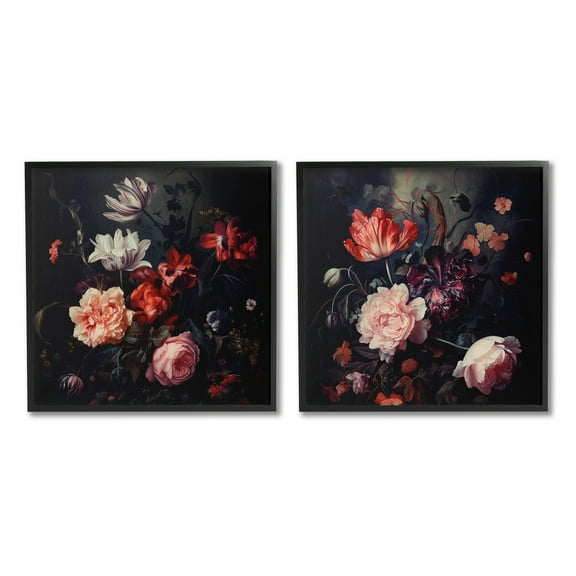 Stupell Industries Vintage Bouquet on Black Botanical & Floral Photography Black Framed Art Print Wall Art, 12 x 12, Set of 2