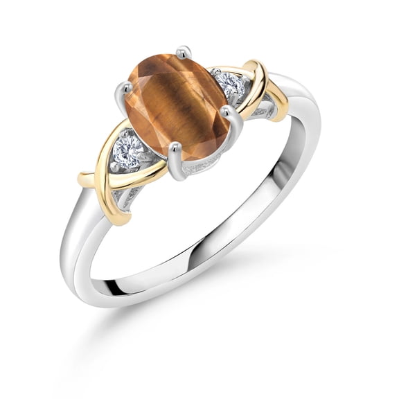 Gem Stone King 925 Silver and 10K Yellow Gold Brown Tiger Eye and White Lab Grown Diamond Ring for Women | 1.33 Cttw | Gemstone Birthstone | Size 7