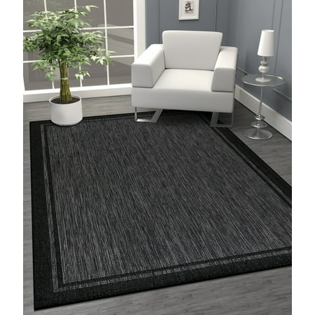 CAMILSON Summer Bordered  Washable Outdoor Indoor Area Rug  Black  5x7