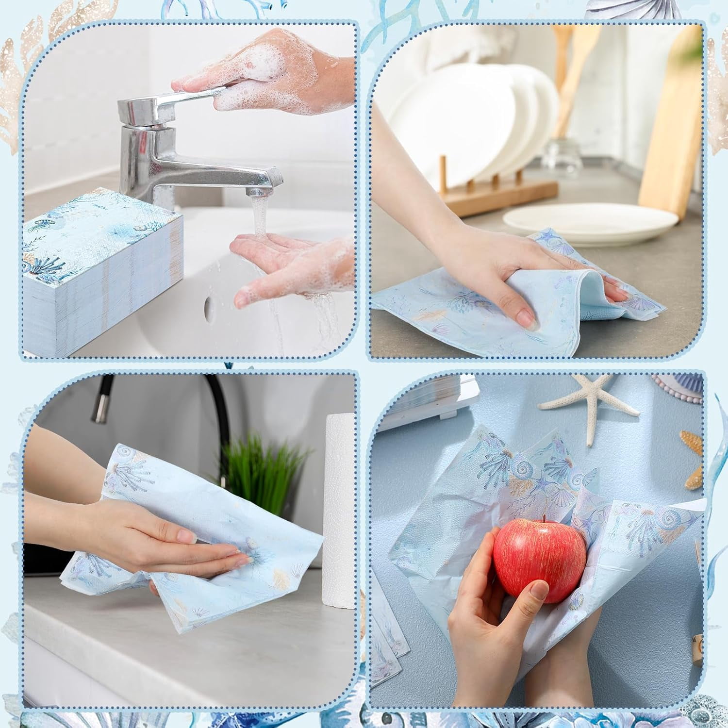 100 Pcs Christmas Coastal Paper Napkins Disposable Blue Sea Ocean Decoupage Napkins Bathroom Guest Seashell Nautical Coral Decorative Paper Towels for Kitchen Wedding Dinner Party
