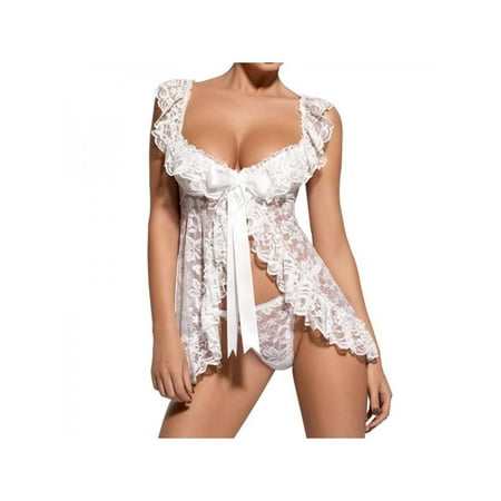 

Ropalia Women Lace Lingerie Pajamas Dress+Thongs Sleepwear Nightwear Set