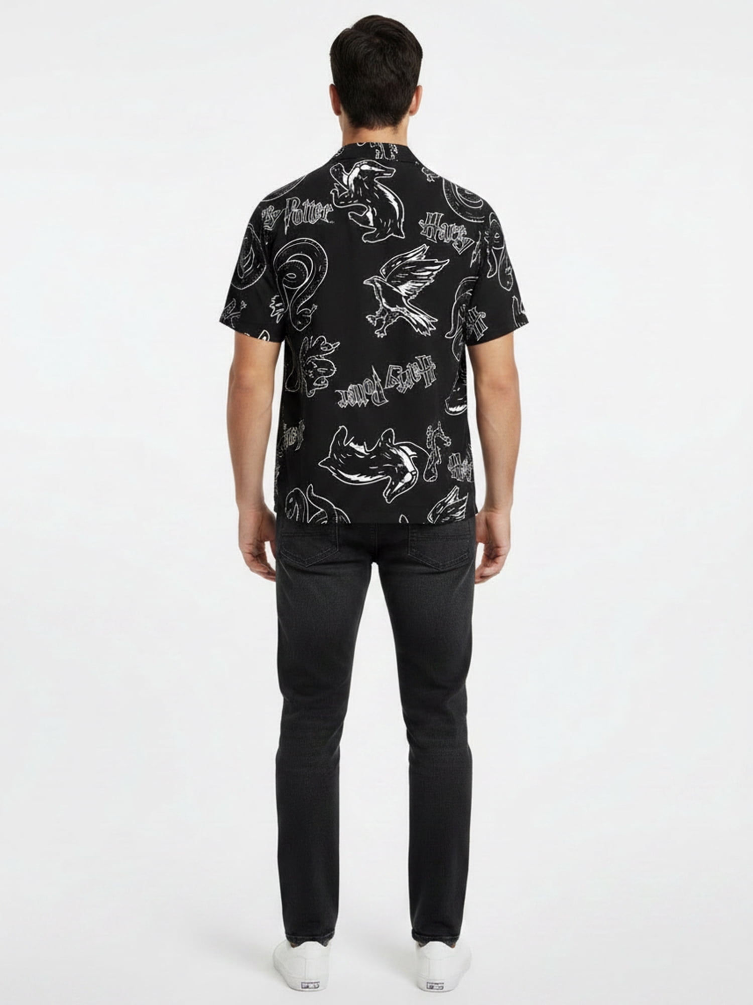 Harry Potter Men’s Short Sleeve Button-Up Camp Shirt, Line Work, Sizes S–3XL