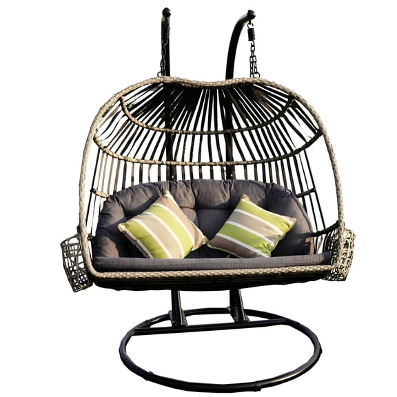 Beige Wicker Double Seat Patio Swing Chair with Dust Blue Cushion(two pillows are not include)
