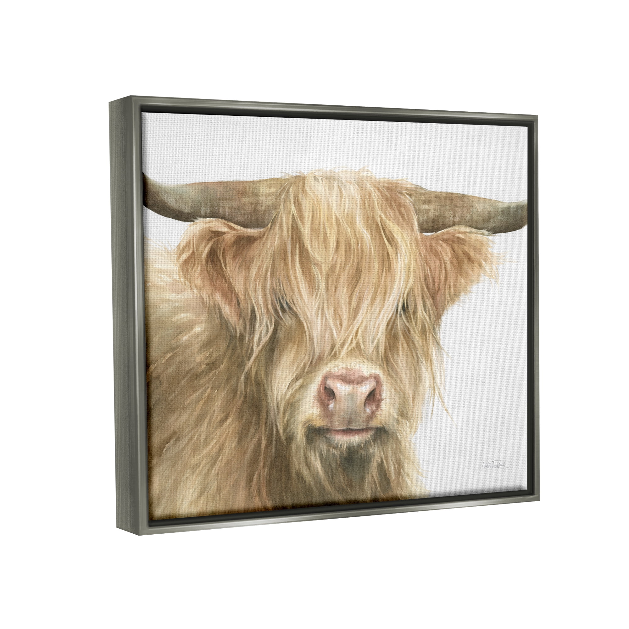 Stupell Industries Longhorn Cattle Painting Animals & Insects Painting Gray Floater Framed Canvas Art Print Wall Art, 21 x 17