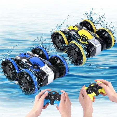 TROPOW 2PCS Amphibious Remote Control Cars Toys for Boys RC Stunt Cars for Kids 2.4GHz 4WD Off Road Waterproof Monster Truck Vehicles All Terrain Water Beach Pool Toy Xmas Birthday Gifts