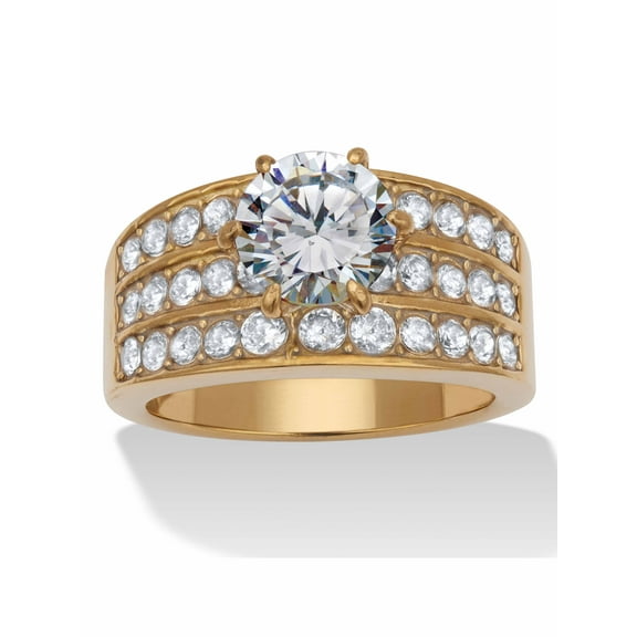 PalmBeach Jewelry 3.18 TCW Round Cubic Zirconia Yellow Gold Ion-Plated Stainless Steel Three Row Pave Engagement Ring