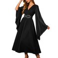 thumbnail image 2 of Huowey Witch Gothic Dresses Women Halloween Flowy Fancy Cosplay Party Gown V-Neck Long Sleeve Eye-Catching Halloween Dress,Black,S, 2 of 4