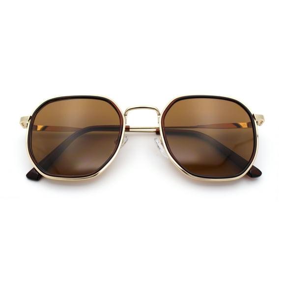 Double Rim Octagonal Classical Metal Rim Rectangular Hipster Sunglasses Tortoise Brown - Brown