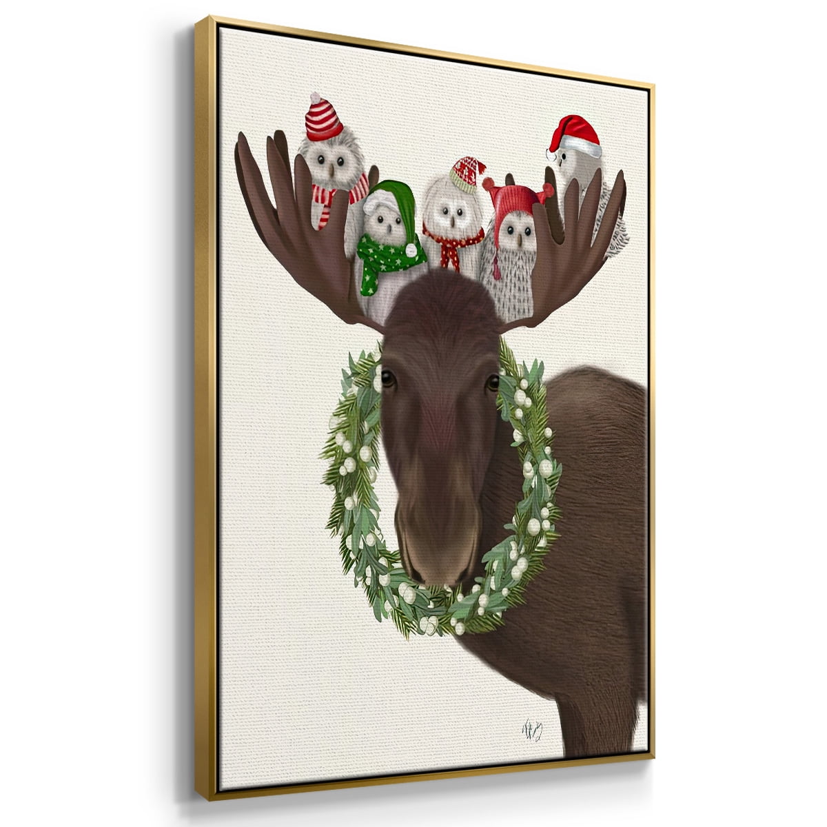 Christmas Moose and Christmas Owls - Framed Gallery Wrapped Holiday Canvas - 17 x 25 - Gold Frame