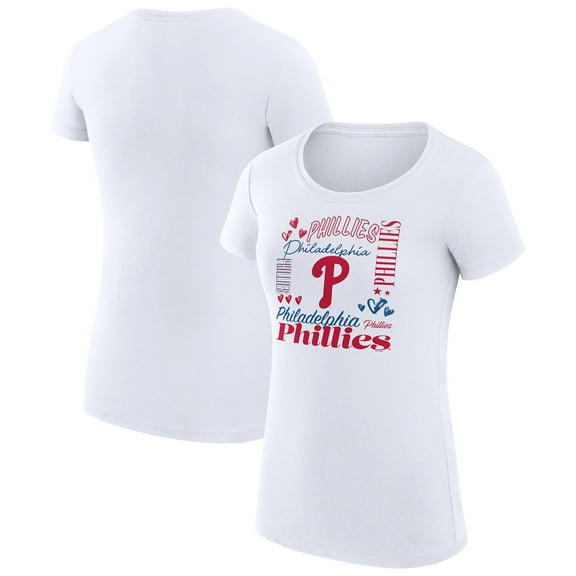Women's G-III 4Her by Carl Banks White Philadelphia Phillies Super-Slim Fit Lightweight Collage Team Graphic Crew Neck