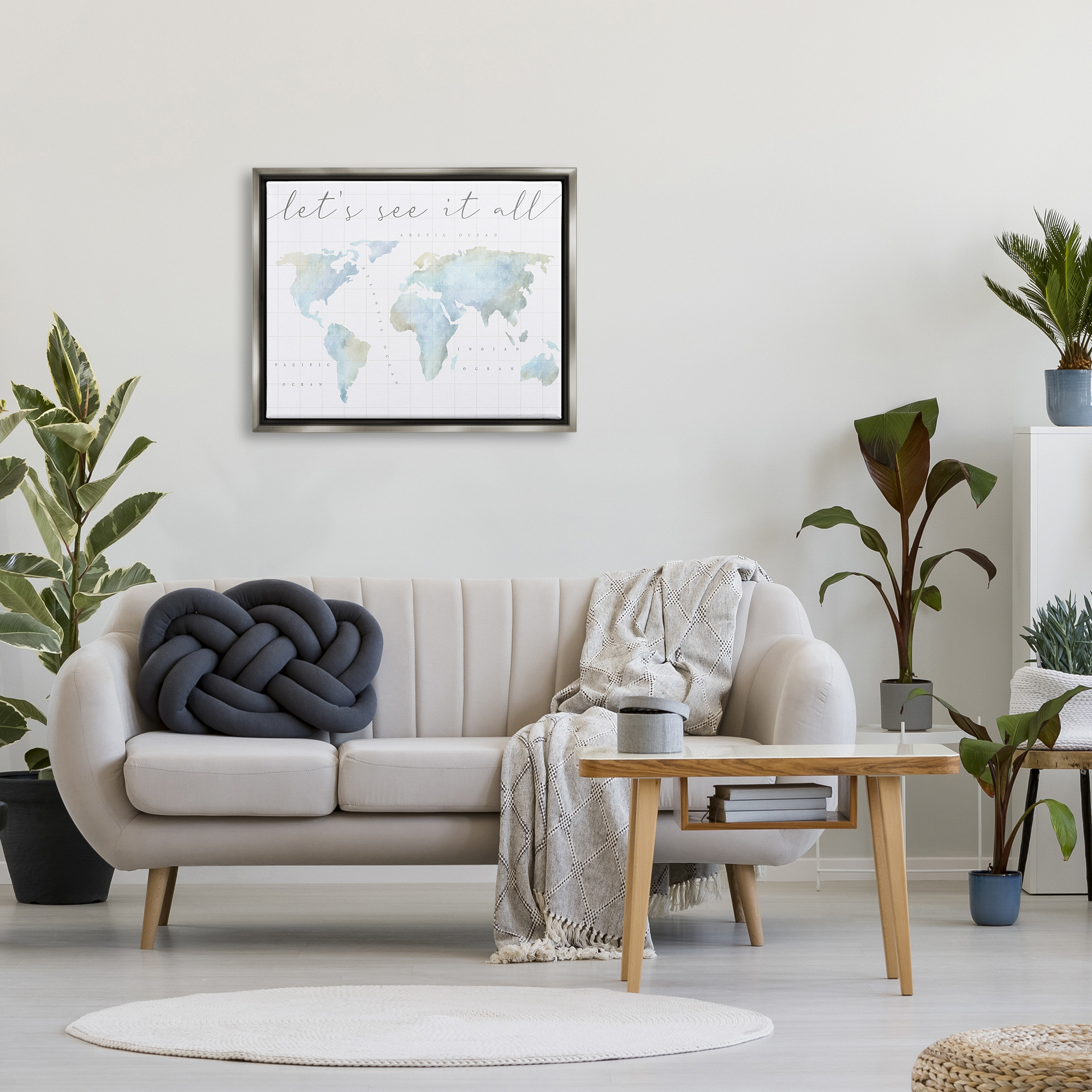 Stupell Industries Let's See It All World Map Typography Painting Gray Floater Framed Art Print Wall Art