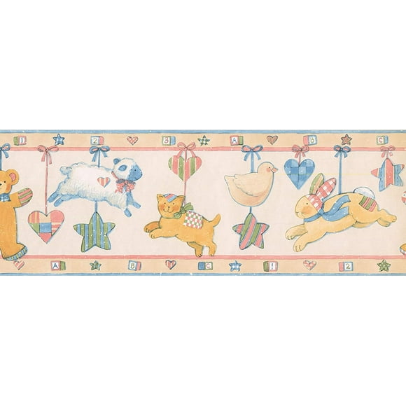 Concord Wallcoverings Wallpaper Border Kids Pattern Plushies Cats Bears Rabbits Hearts Stars for Kid's Bedroom Playroom, Brown Blue Yellow Red Green, 15 Feet by 7 Inches SU75936