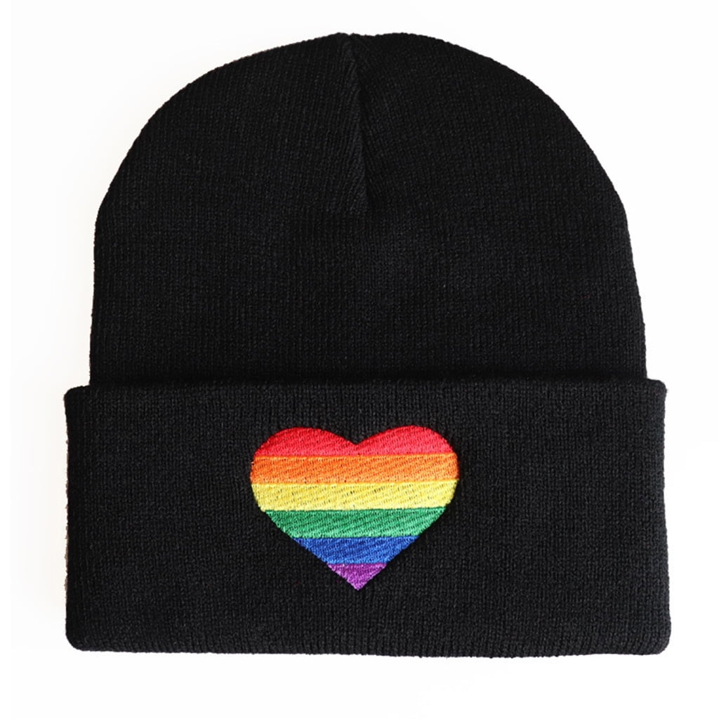 Unisex Rainbow Heart Embroidery Knitted Hat Winter Autumn Pride LGBT Beanie Cap 
