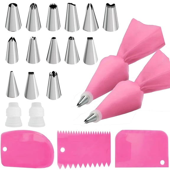 ACDANC Piping Bags and Tips Set,Pastry Bags,Cake Decorating Kit Supplies with 2 Reusable Piping Bags,2 Couplers,14 Frosting Tips,3 Cake Scrapers,Baking Supplies,Pink One Size