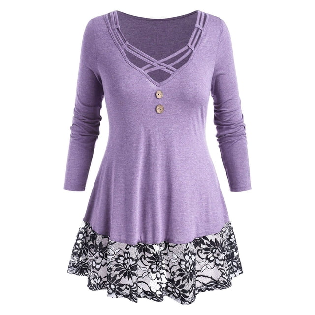 Camiseta con Panel de Encaje de Talla Extra Rosegal Mangas largas de talla grande
