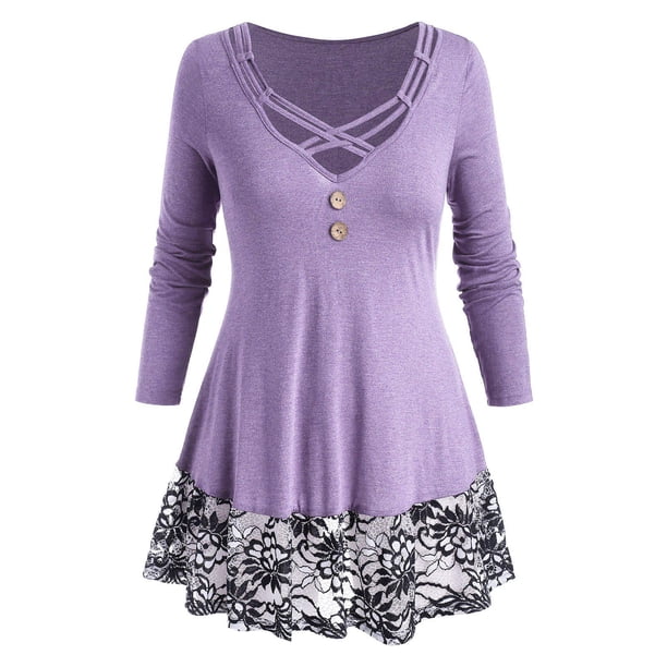 Camiseta con Panel de Encaje de Talla Extra Rosegal Mangas largas de talla grande