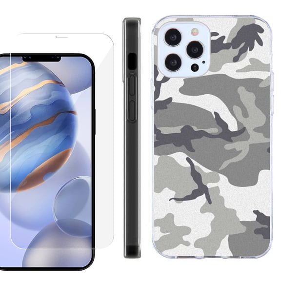 Slim Fit Protective Phone Case for Apple iPhone 12 / iPhone 12 Pro, with Tempered Glass Screen Protector, by OneToughShield ® - Urban Camo