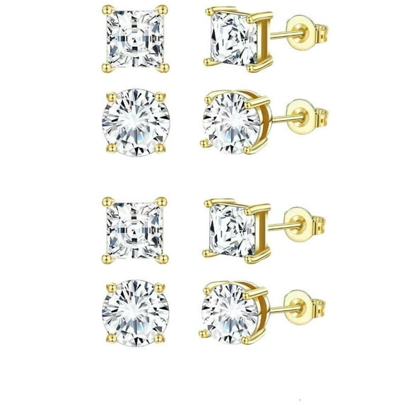 2 Pairs Cubic Zirconia Stud Earrings Set for Sensitive Ears, Round & Princess Cut 5mm 14K Gold or Silver Plated Hypoallergenic Earrings for Women Men, Gift Ready