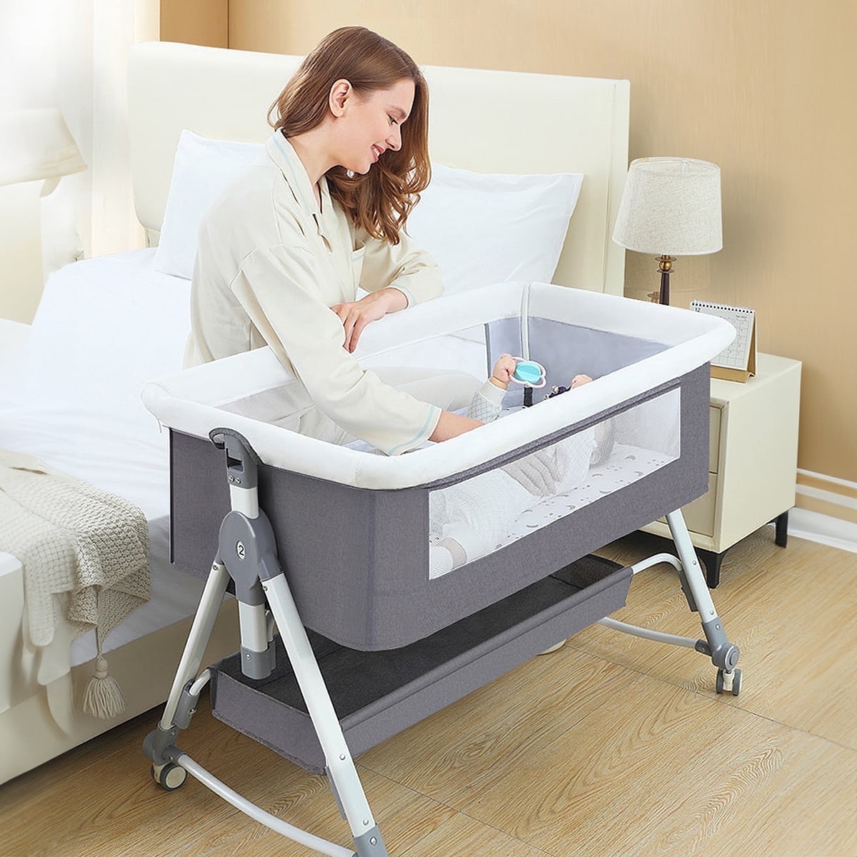 HAOUUCYIN Baby Bassinet, 5-in-1 Infant Bedside Crib with Diaper Table, Adjustable Height, for 0-24 Months, Gray