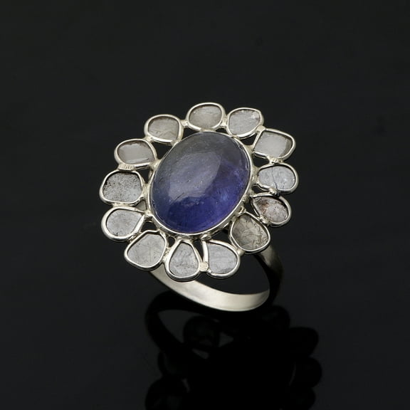 Mooneye 2.50 CTW Diamond Polki Tanzanite Flower Cocktail Women Gifts Ring 925 Sterling Silver
