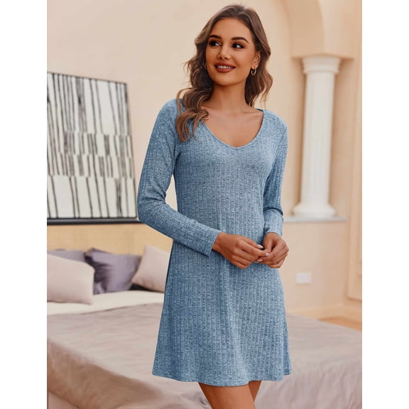 Ekouaer Womens Nightgown Long Sleeve Rib Knit Pajama Dress V Neck Soft Loungewear Sleepwear