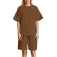 thumbnail image 2 of Short Sets for Women Ribbed Knit Loose Fit Short Sleeve Crewneck T Shirt and Wide Leg Shorts 2 Piece Matching Set, 2 of 7