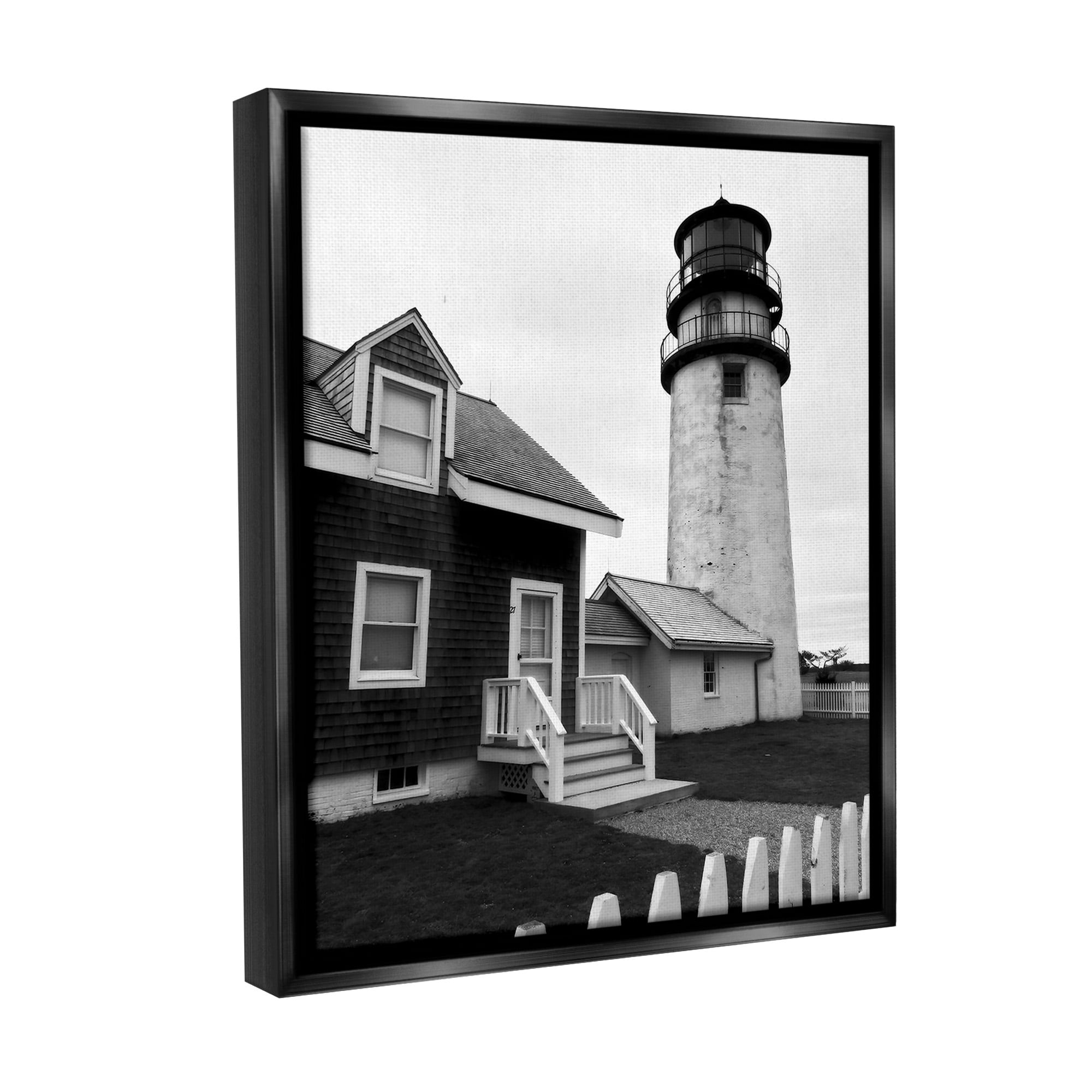 Stupell Industries Coastal Lighthouse with Fence Nature Photography Black Floater Framed Canvas Art Print Wall Art, 17 x 21