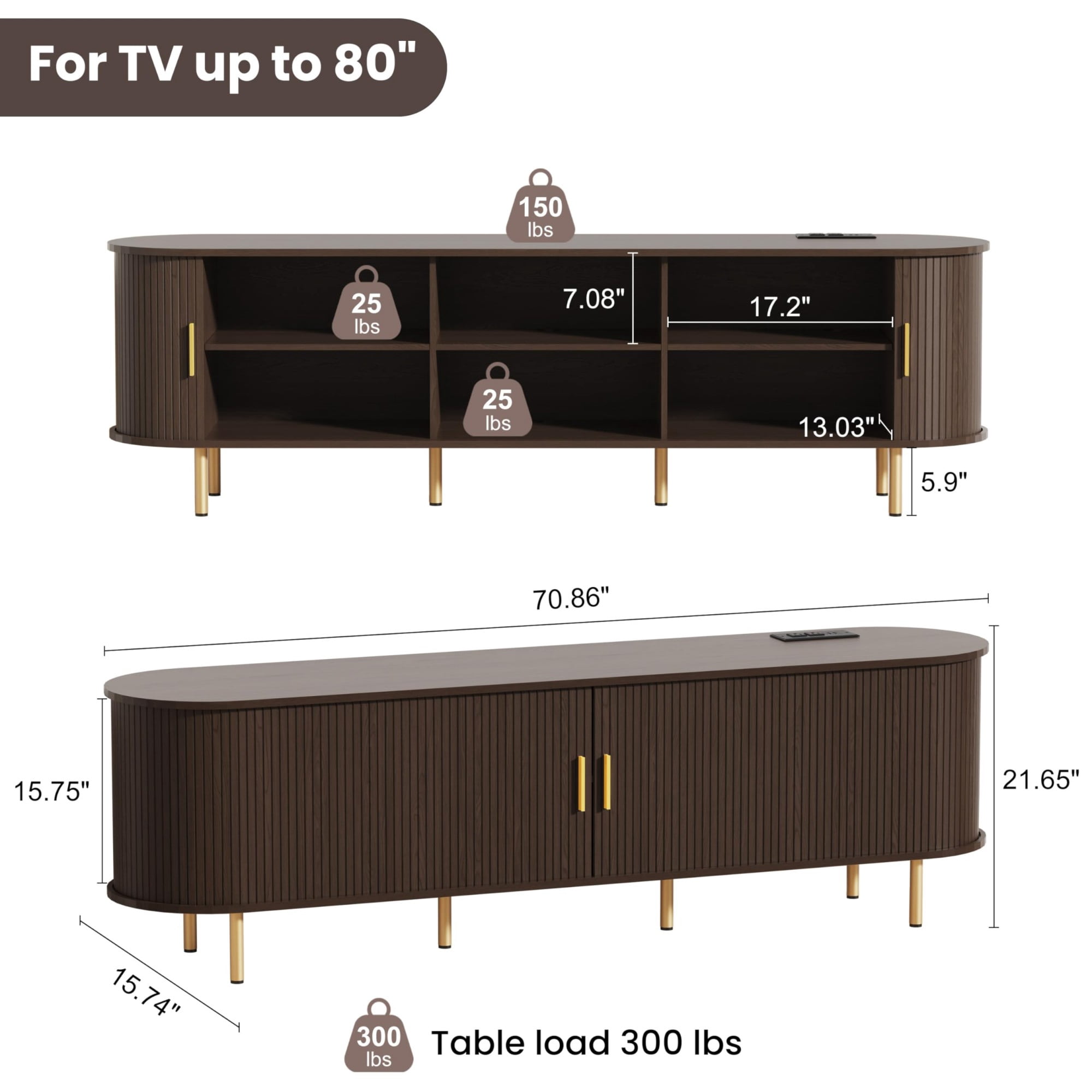 70.8 Inch Mid Century Modern TV Stand with Power Outlet, Fluted Media Console with Sliding Doors for TVs up to 80 Inch, Coffee